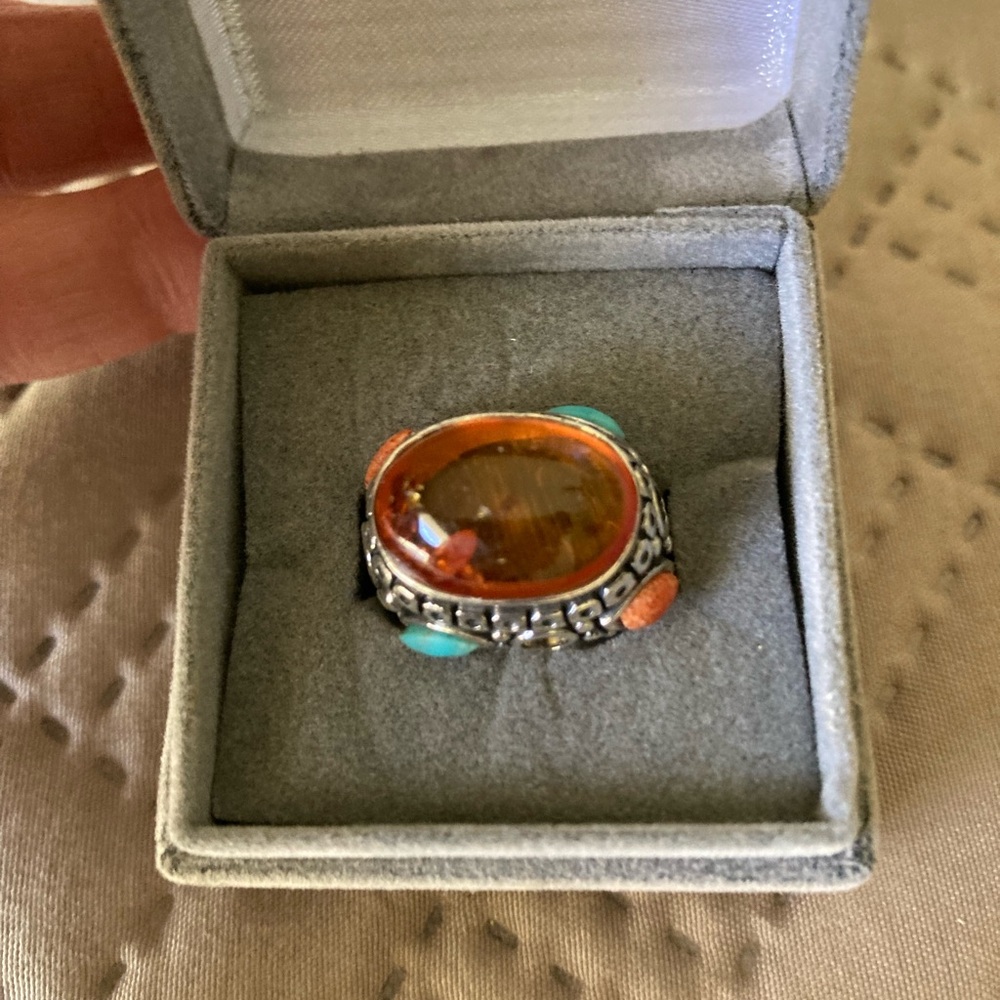 Elegant Sterling Silver and Orange & Turquoise Gemstone Ring Size 6